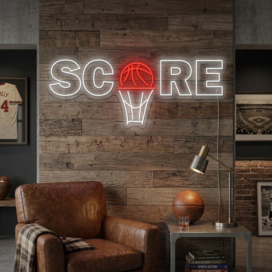 Stylized orange glowing basketball sign with 'HOME' and 'GUEST' text above smaller, glowing figure icons.