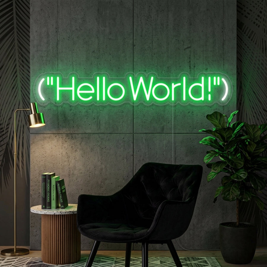 The 'Hello World' neon sign glowing brightly in a contemporary home office setting.
