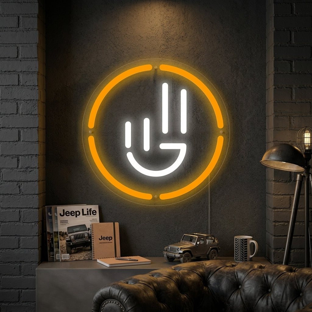 A glowing Jeep Wave Customer Care Program neon sign mounted on a brick wall in a garage, featuring blue and white light.