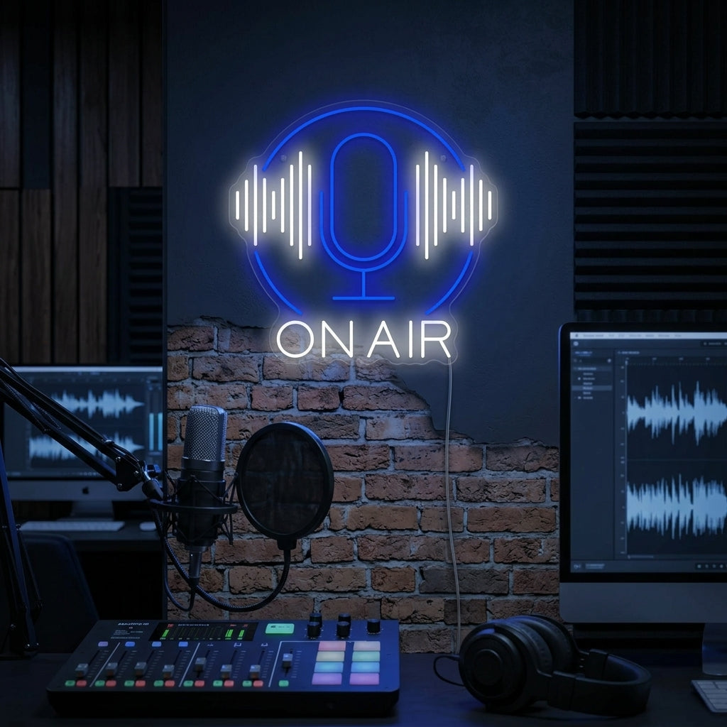 Vibrant 'Podcast On Air' neon sign glowing red on a recording studio wall with acoustic foam panels and professional microphone.