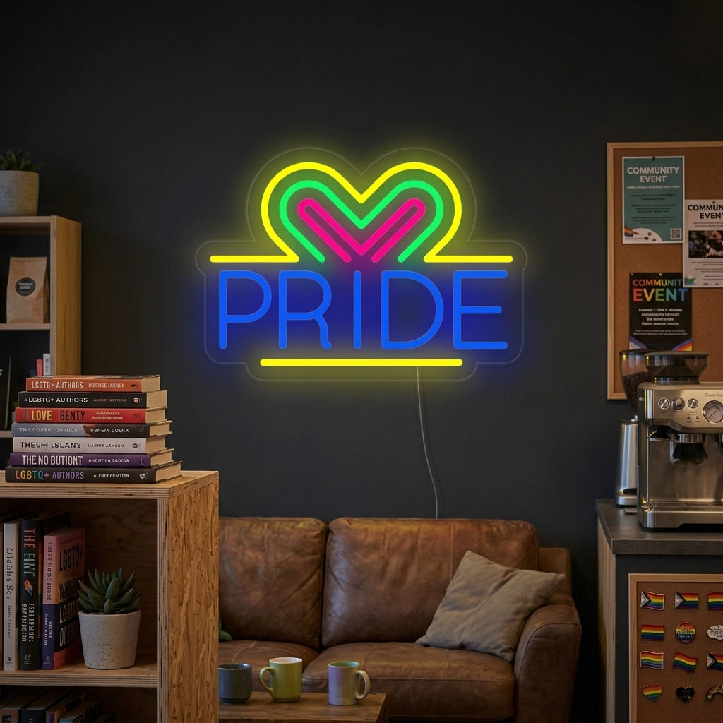 A lifestyle photo of a lit LGBT Pride Heart Neon Sign on a wall in a home setting.