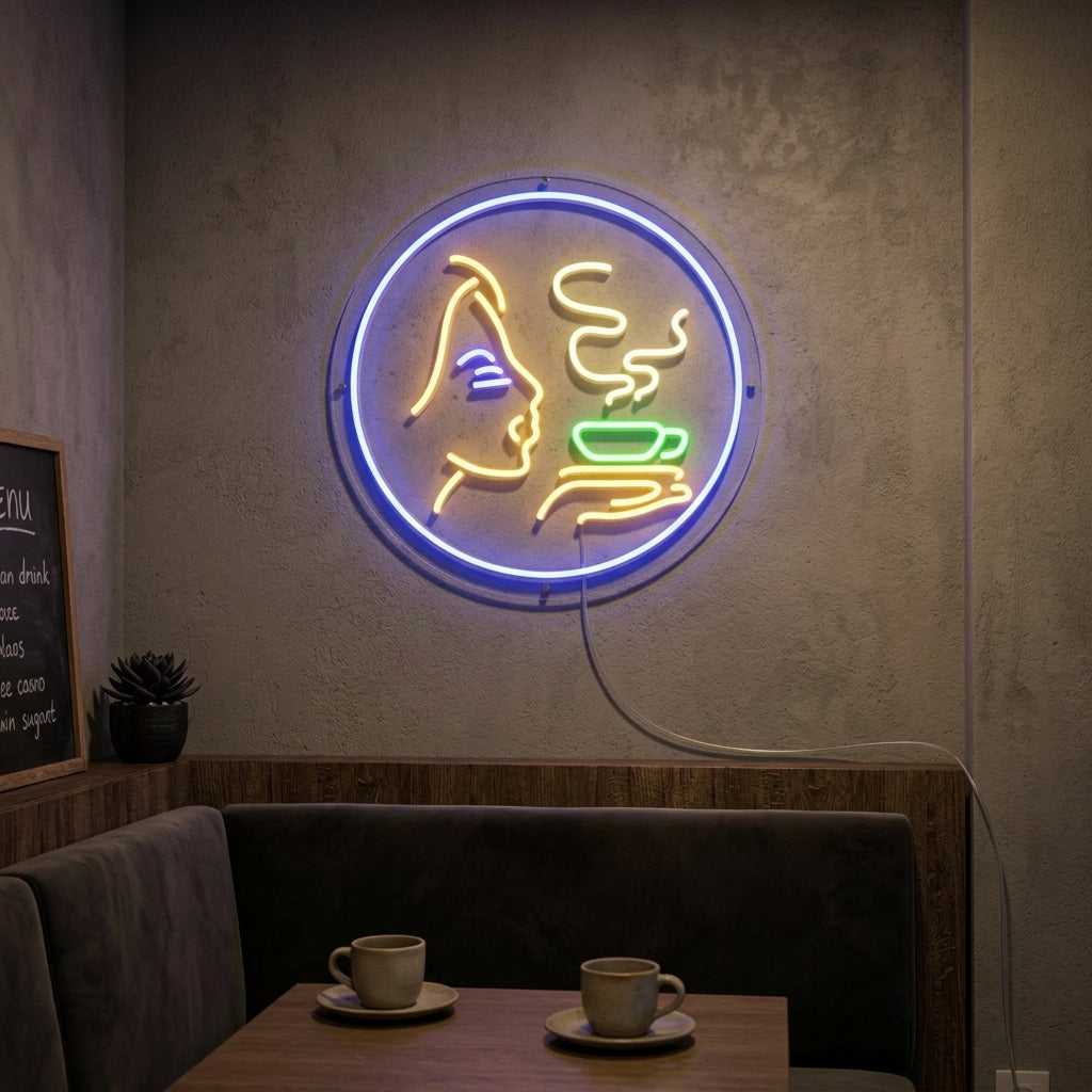 A lifestyle photograph of the illuminated 'Girl With Hot Coffee' neon sign hanging above a rustic coffee counter.