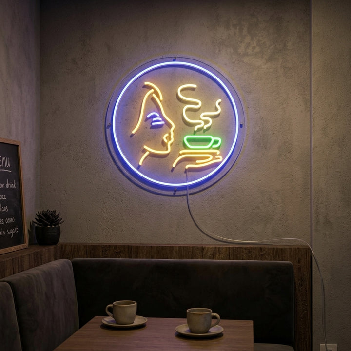 A lifestyle photograph of the illuminated 'Girl With Hot Coffee' neon sign hanging above a rustic coffee counter.