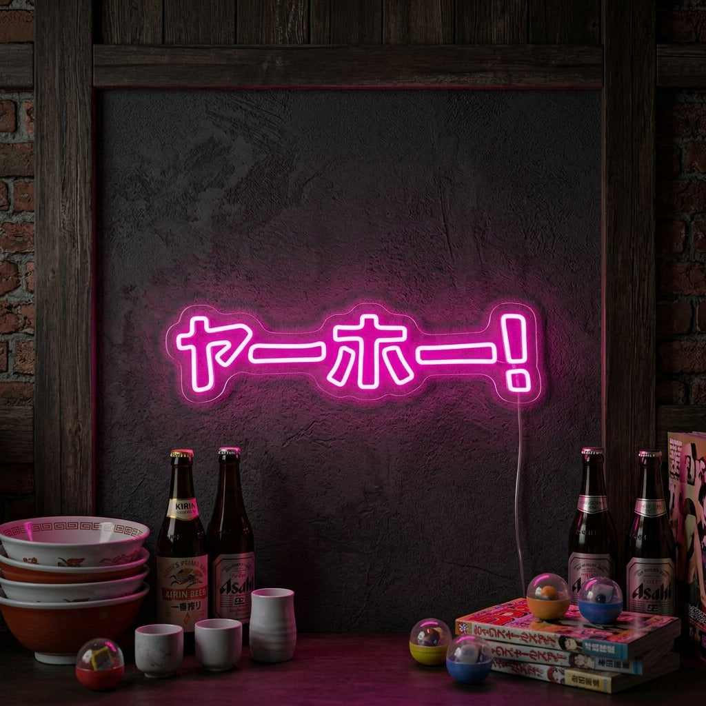 Japanese Katakana 'YAHOO' neon sign illuminated on a brick wall in a contemporary living room setting