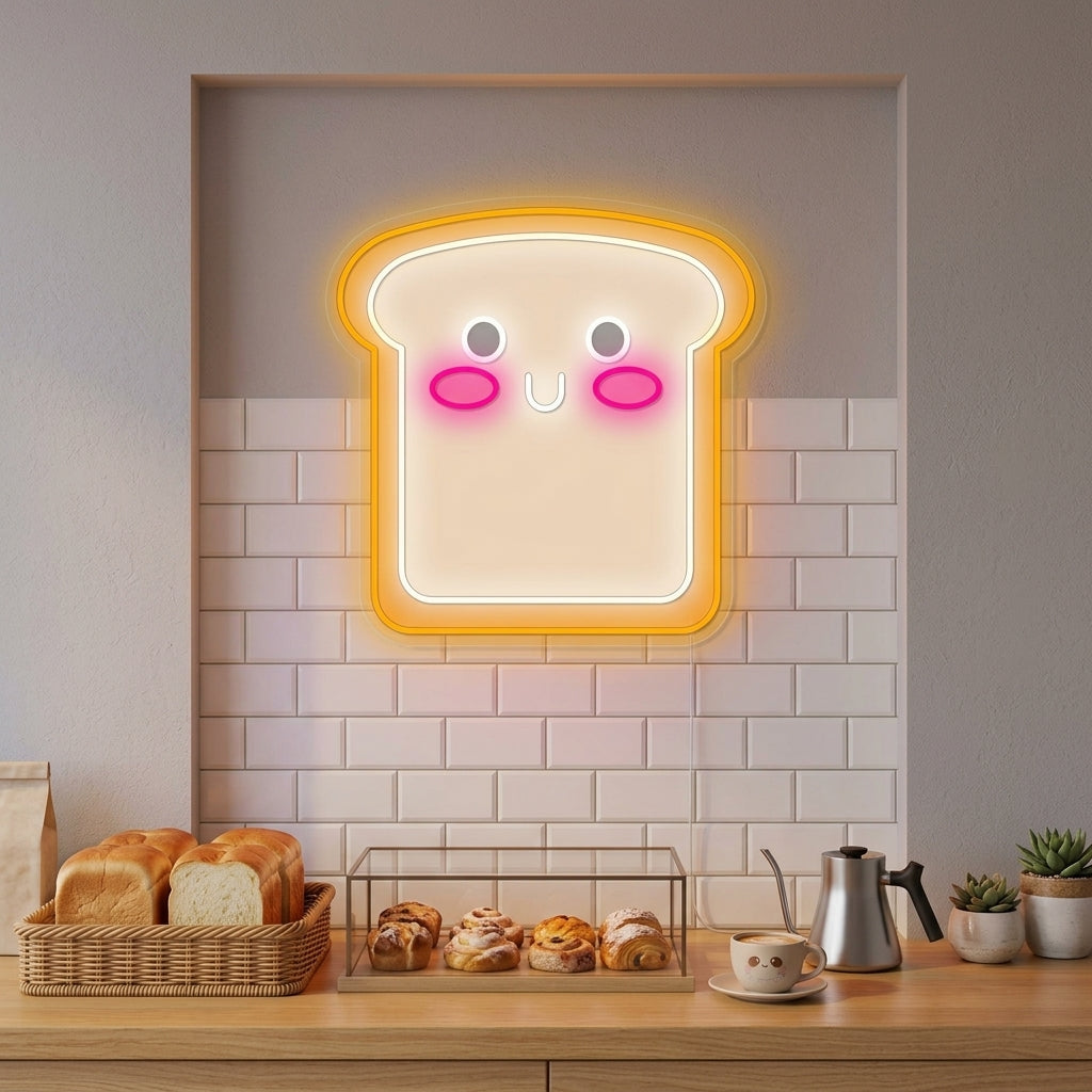 A cozy cafe interior featuring a glowing 'Kawaii Slice Bread' neon sign prominently displayed above a pastry counter.