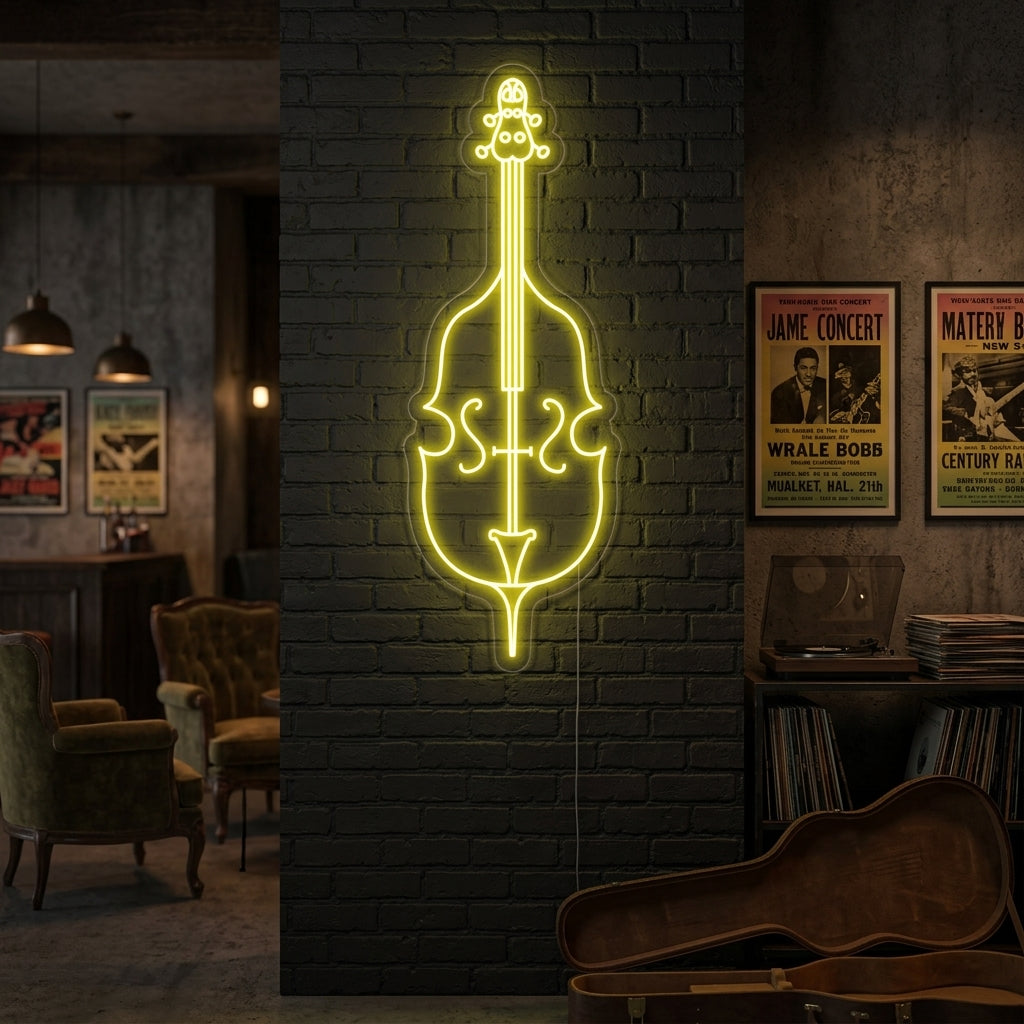 Cello neon sign glowing blue on a dark wall in a cozy room setting