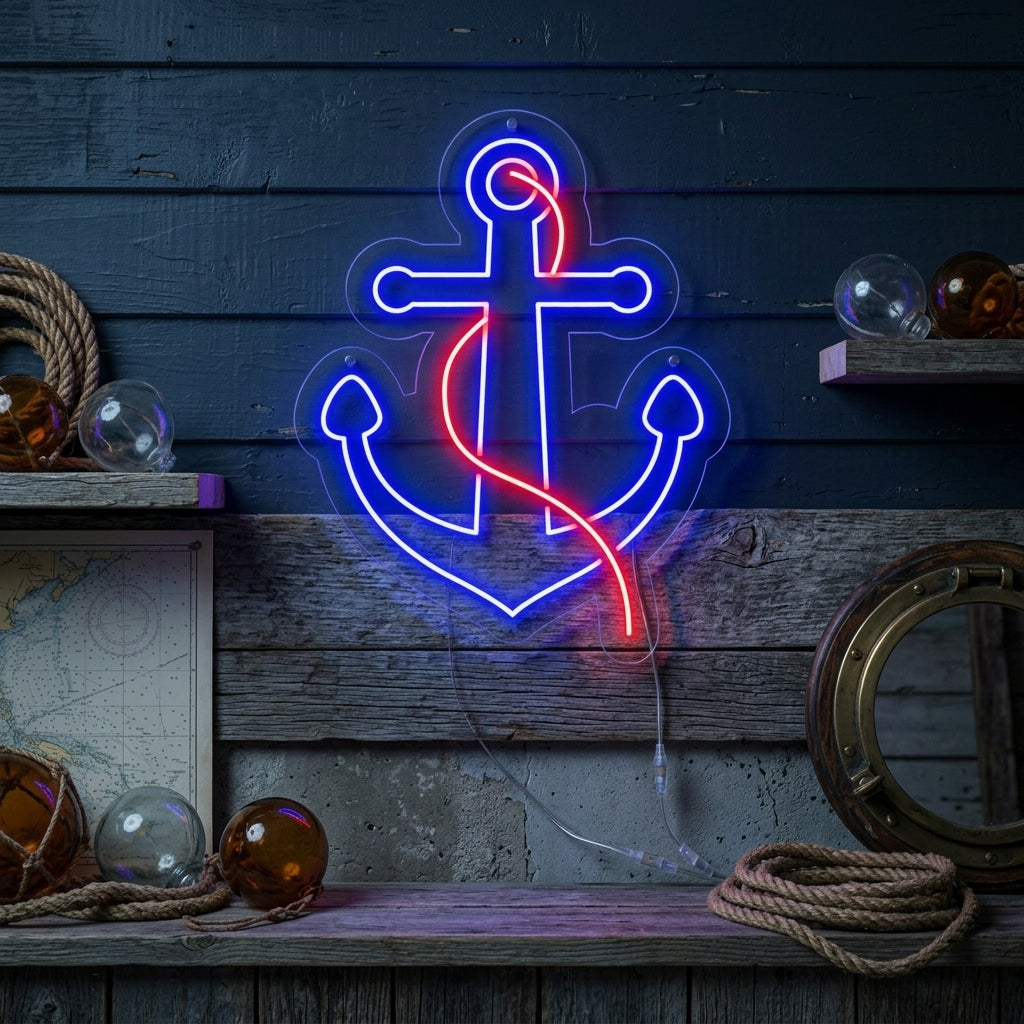 A hand-crafted 'Anchor' neon sign illuminating a cozy living space.