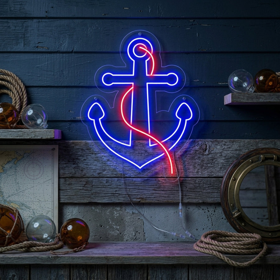 A hand-crafted 'Anchor' neon sign illuminating a cozy living space.