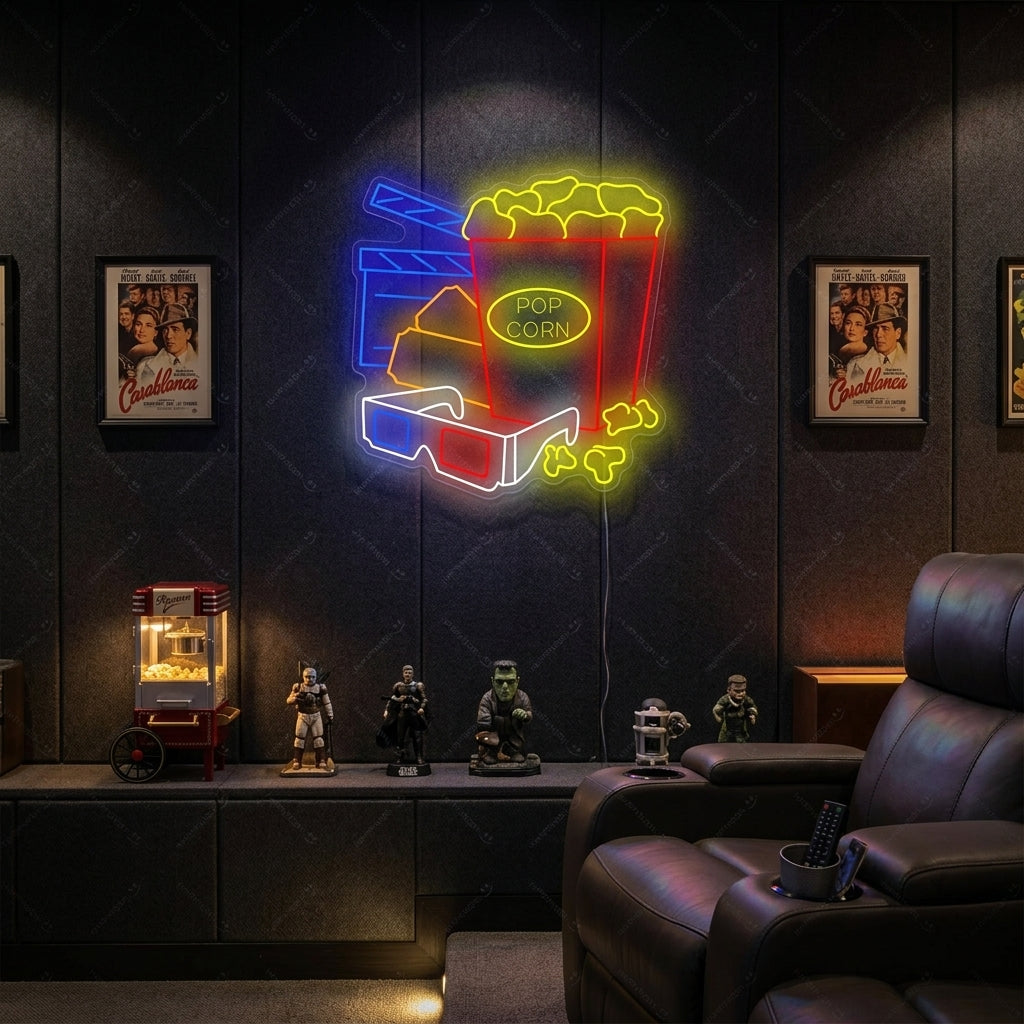 A vibrant 'Cinema Movie Time' neon sign, featuring a glowing popcorn box icon, lights up a dark home theater room above a comfortable sofa.