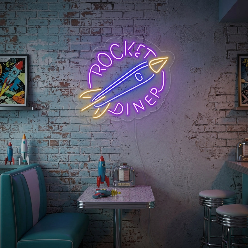 A glowing ROCKET DINER neon sign, featuring script and a rocket icon, serves as retro wall decor in a diner setting.