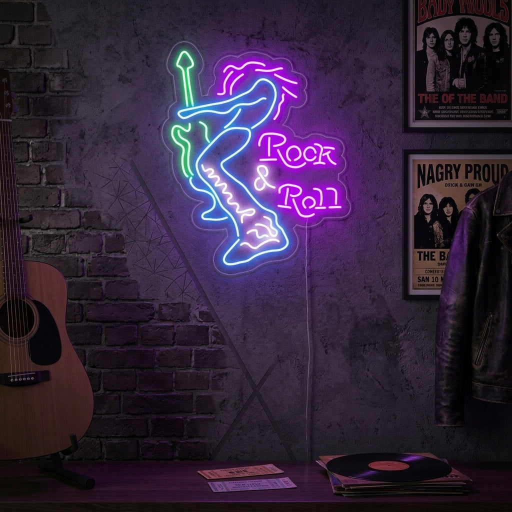 A lifestyle photo of the Rock Roll Electric Guitar Player neon sign glowing on a textured brick wall above an acoustic guitar and armchair.