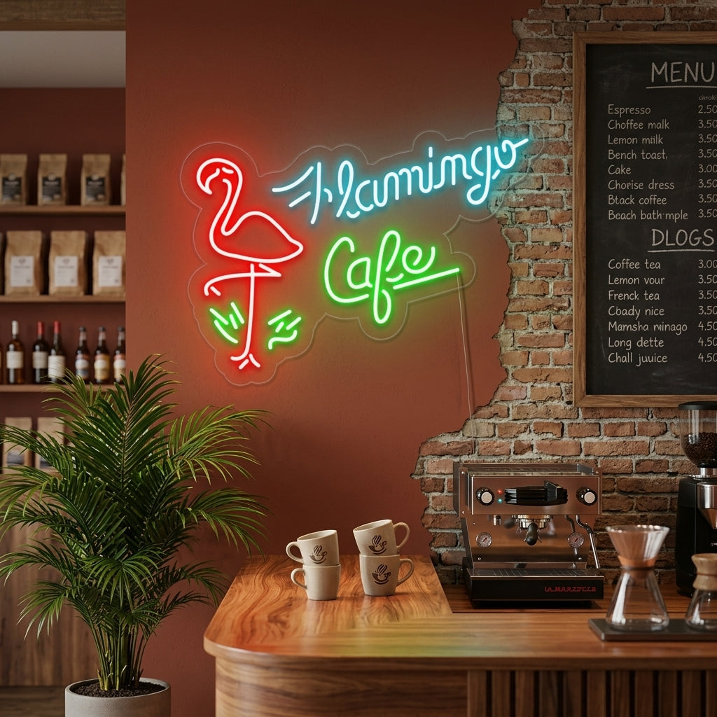 A vibrant 'Flamingo Cafe' neon sign glowing brightly on an exposed brick wall above a cozy coffee shop counter and seating area.