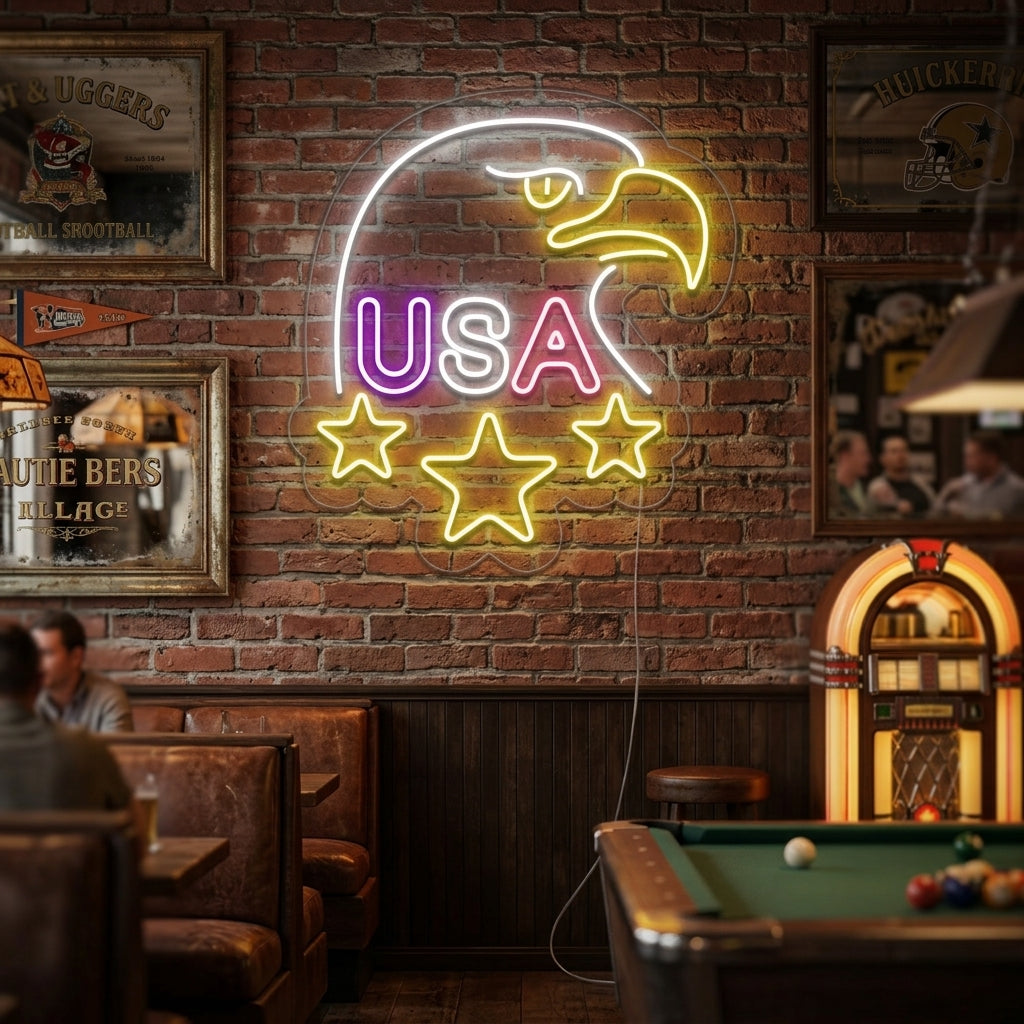 A vibrant 'Bald Eagle USA' neon sign displaying a detailed eagle head and USA text, mounted on a rustic wood plank wall in a cozy living room setting.