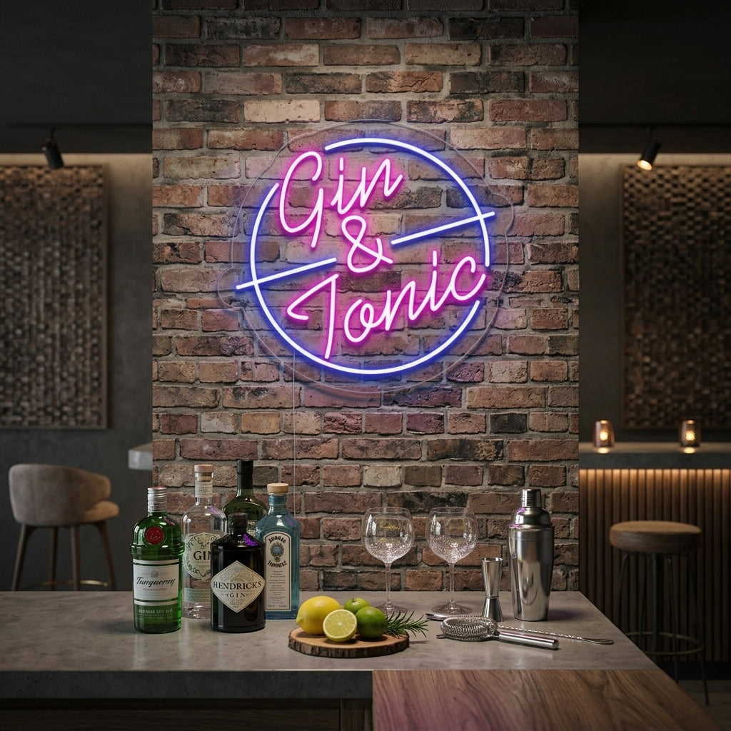A glowing 'Gin and Tonic' neon sign featuring green script and illustrative glass with lime elements, mounted on a dark textured wall in a modern bar setting.
