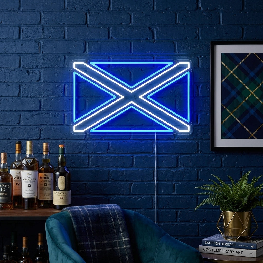 A glowing blue and white Scottish flag neon sign displayed on a brick wall in a cozy room.