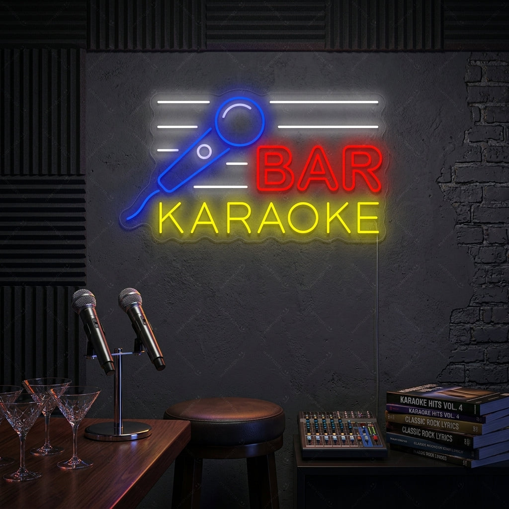 An illuminated "Karaoke Bar" neon sign hanging above a rustic bar cart in a dimly lit, cozy lounge setting.