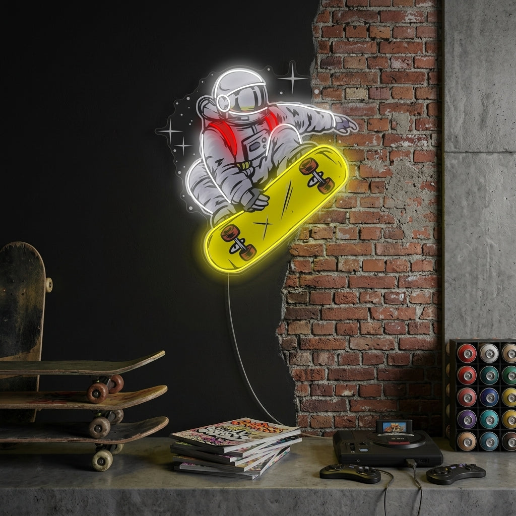 A vibrant 'Astronaut On Skateboard' neon sign featuring a blue, yellow, and white glowing design of an astronaut riding a skateboard in space, mounted on a dark brick wall above a gaming desk.