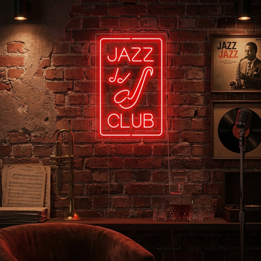 A lifestyle photo showing the illuminated 'JAZZ CLUB' neon sign glowing red on a dark wall above a bar setup with drinks and furniture.