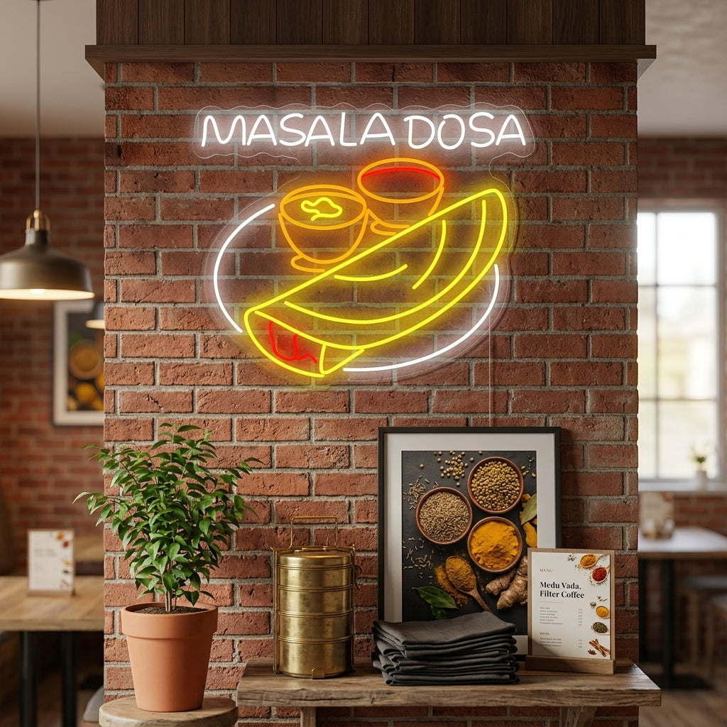 A vibrant 'Masala Dosa' neon sign glowing brightly on a restaurant wall, depicting a dosa with visible steam and Indian typography below, set against a blurred background of dining tables and cultural decor.