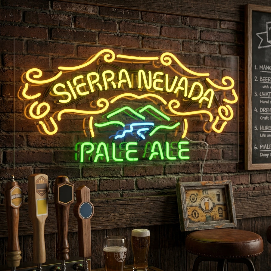 Sierra Nevada Pale Ale neon sign displayed in a dimly lit bar setting with people in the background