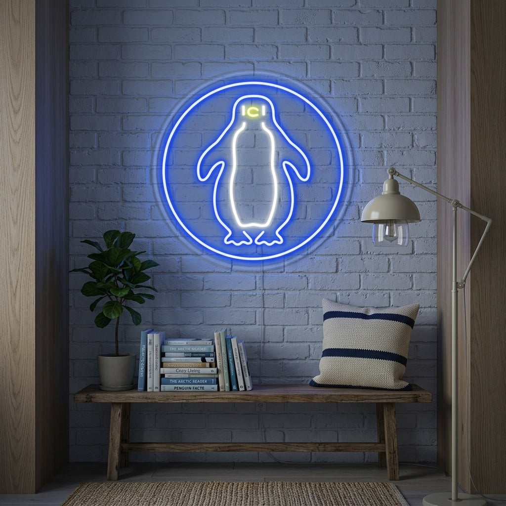 A vibrant white penguin neon sign glows on a dark bedroom wall above a cozy bed with decorative pillows and blankets.