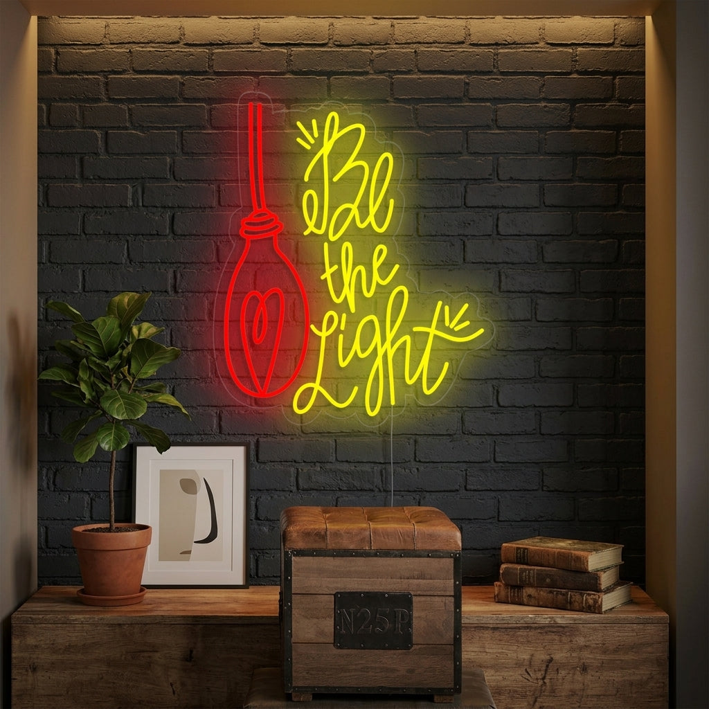 Be the Light neon sign glowing brightly on a wall in a beautifully decorated room