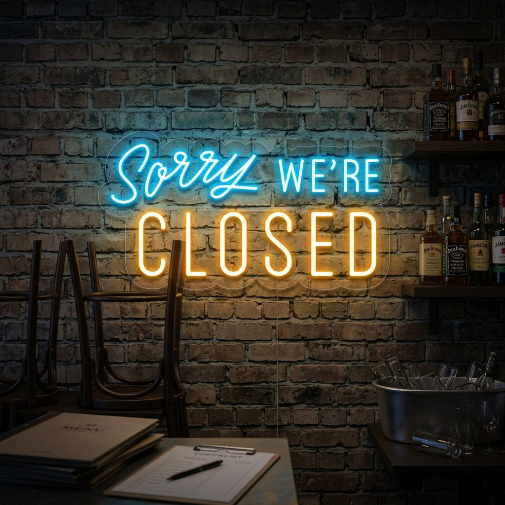 A stylish 'Sorry We Are Closed' neon sign glowing on a textured brick wall in a cozy, well-lit cafe setting.