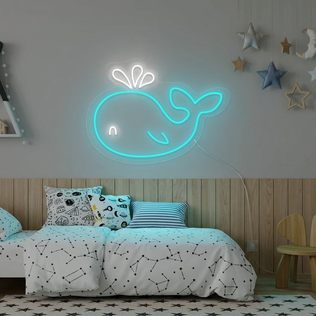 A charming glowing blue dolphin neon sign mounted on a textured light grey wall in a styled child's bedroom, casting a soft glow above a crib and decor