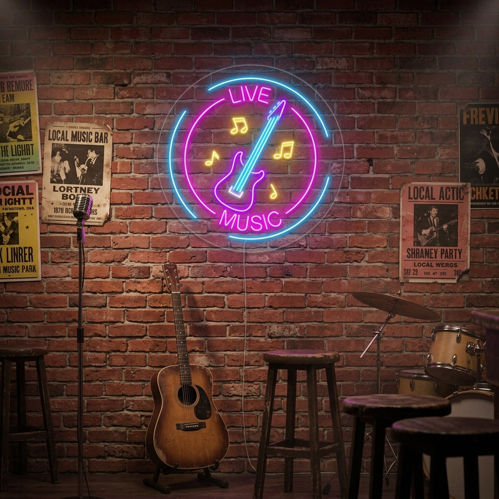Glowing blue 'Live Music' neon sign with an orange music note symbol, mounted on a dark brick wall above a keyboard.