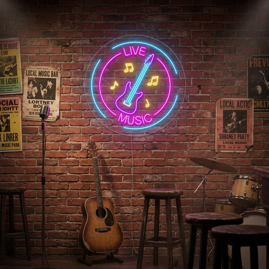 Glowing blue 'Live Music' neon sign with an orange music note symbol, mounted on a dark brick wall above a keyboard.