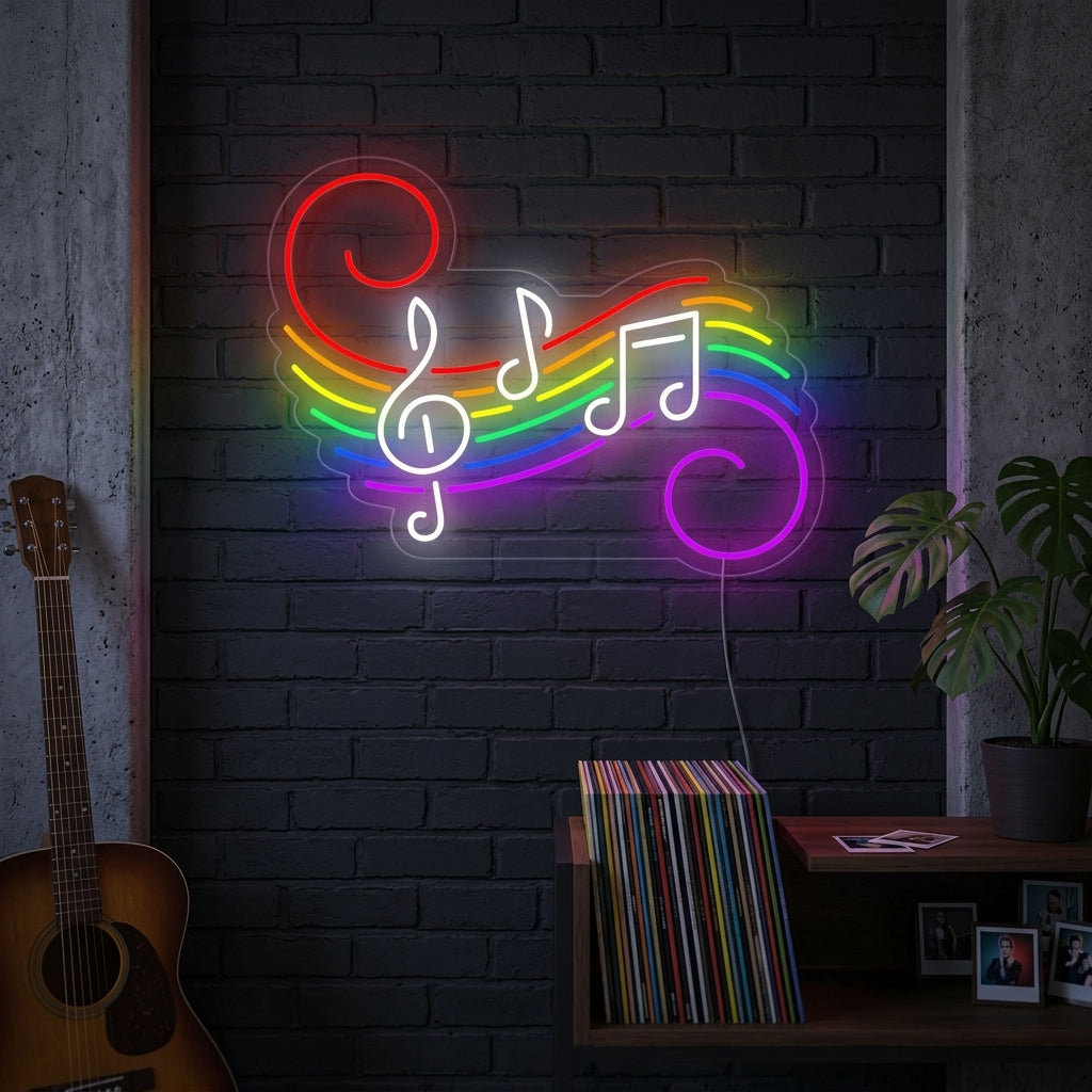 LGBT Music Notes Rainbow neon sign glowing vibrantly in a music studio setting.