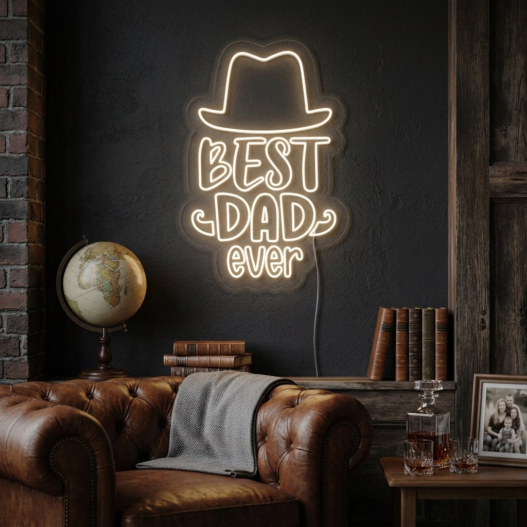 A person holding a large, illuminated orange "Best Dad Ever" neon sign in a decorated living room, with a soft background of cozy lighting.