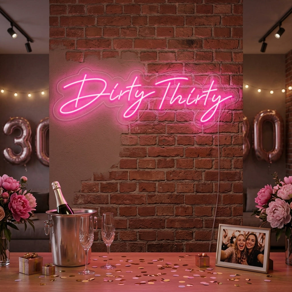 A lifestyle shot of the 'Dirty Thirty' neon sign glowing in an elegantly decorated room, perfect for a milestone birthday party.