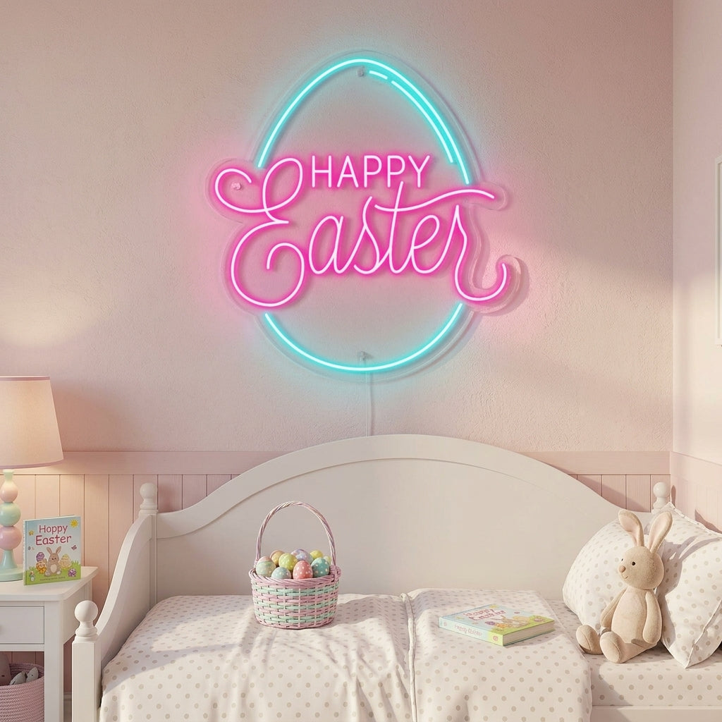 A vibrant 'Happy Easter Egg' neon sign glowing on a wall, adding festive color to a modern room.