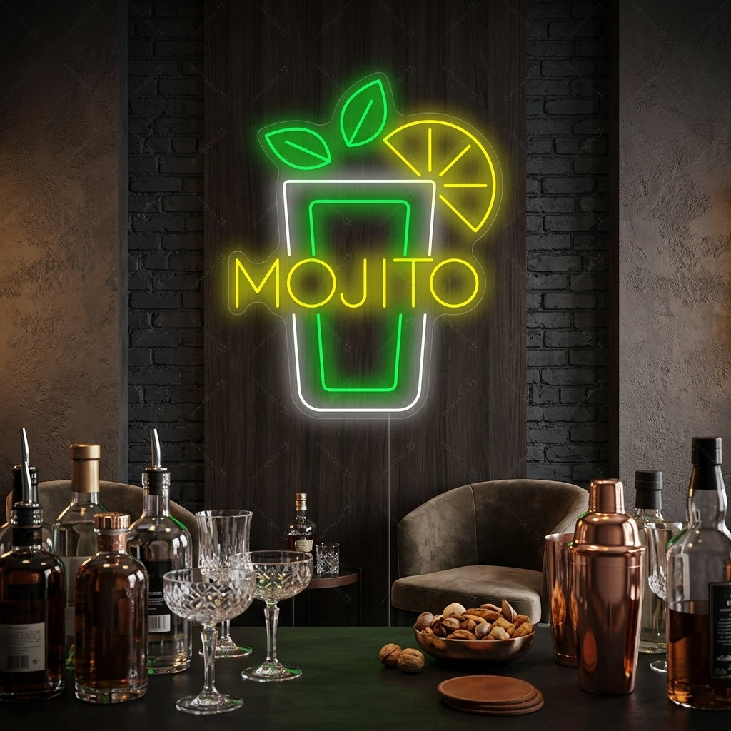 Vibrant Mojito Wine neon sign illuminating a cozy modern home bar area with stylish cocktail decor.