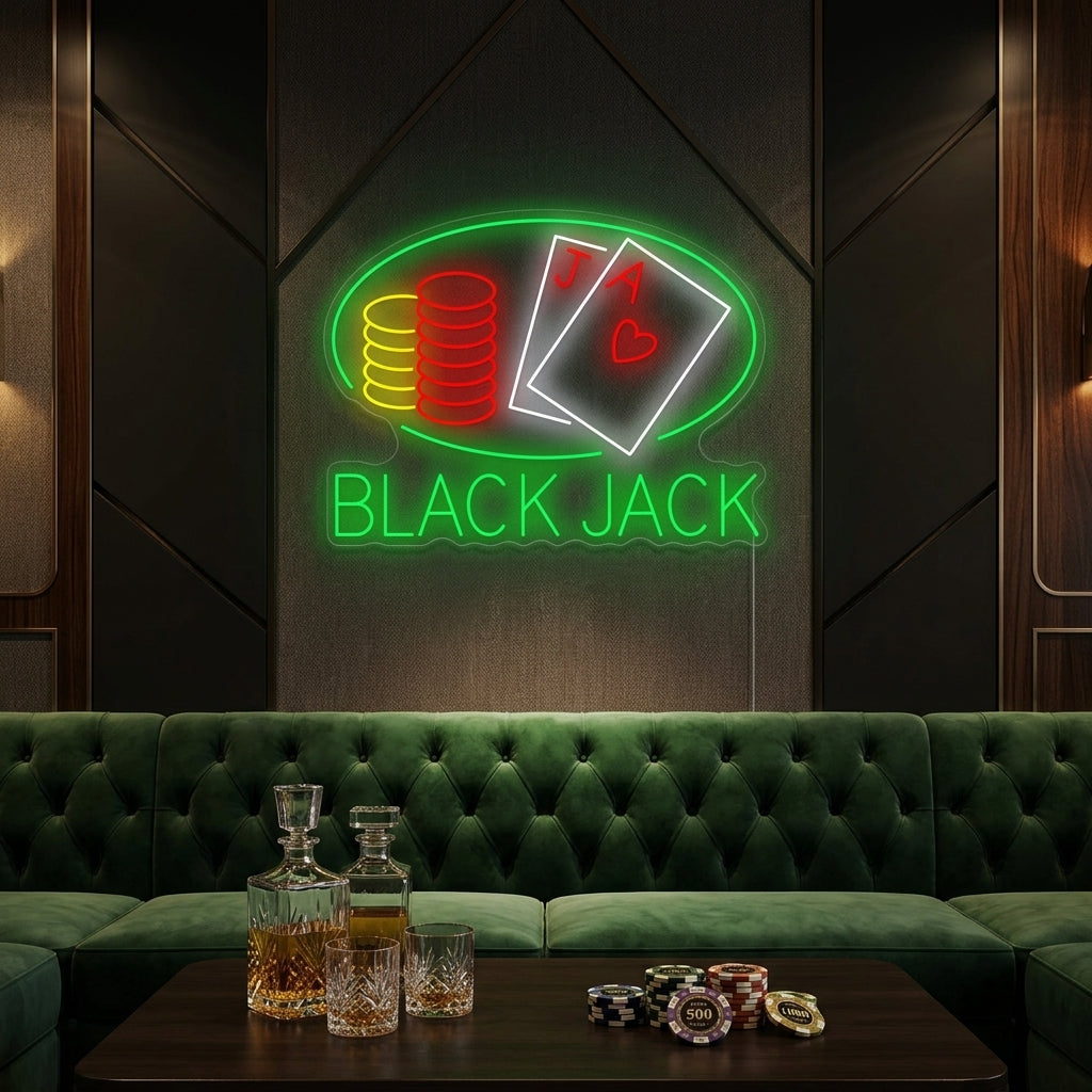 A Black Jack neon sign displaying playing cards and a chip, glowing brightly in a well-appointed room.