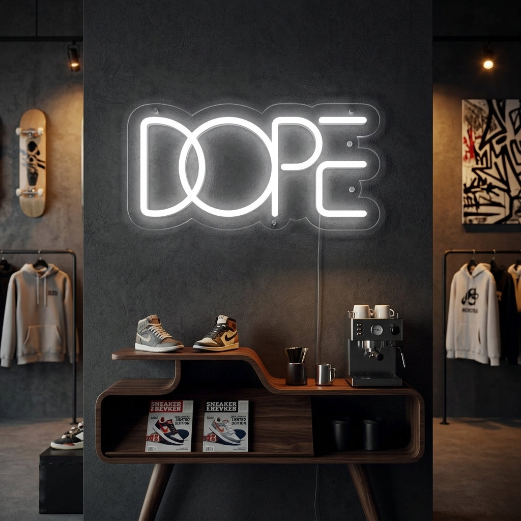 Glowing DOPE neon sign in white script, mounted on a dark, textured wall above a mid-century modern credenza in a styled living room, illustrating home decor use.