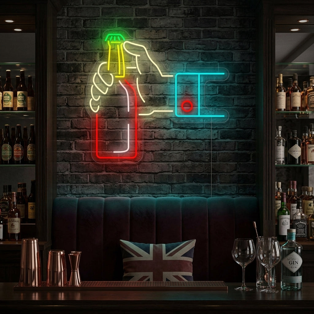 Vibrant "Open Beer" neon sign in yellow and orange light mounted on a rustic wood panel wall in a well-lit home bar setting.