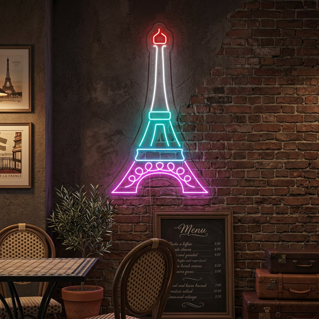 A glowing Eiffel Tower neon sign displayed above a sleek sideboard in a modern, stylish room.