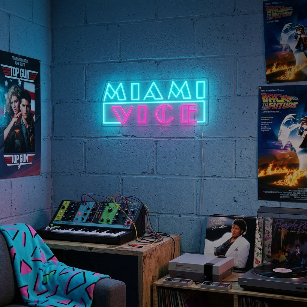 A vibrant 'Miami TV Series' style neon sign glowing with pink, blue, and teal light in a bedroom setting.