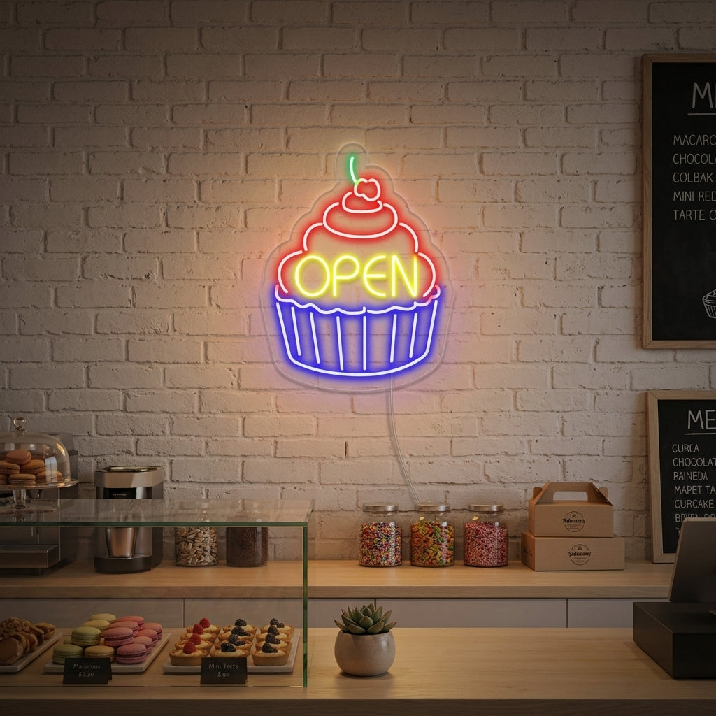 Charming 'Cupcake Open' neon sign in white, pink, and yellow script, shining brightly on a textured wall within a welcoming bakery environment.