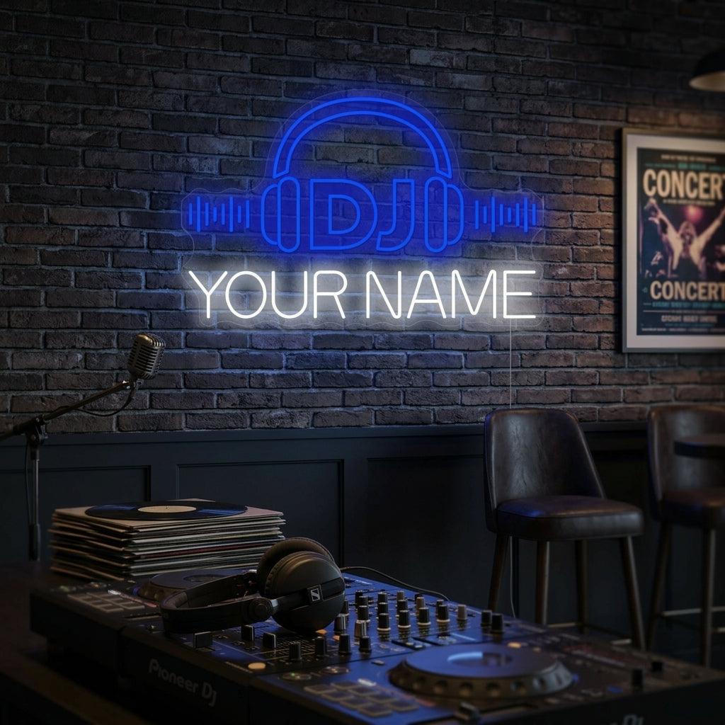 A custom-designed DJ logo neon sign glowing vibrantly on a textured dark wall in a dimly lit studio or club setting, creating a professional and energetic atmosphere.