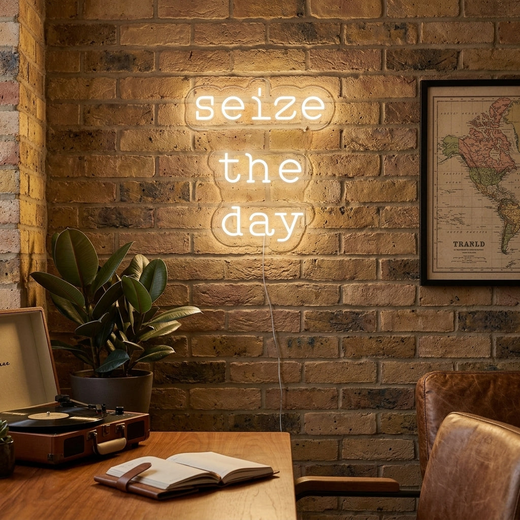 A lifestyle photograph showcasing the glowing "Seize The Day" neon sign mounted on a stylish interior wall, creating a vibrant focal point.
