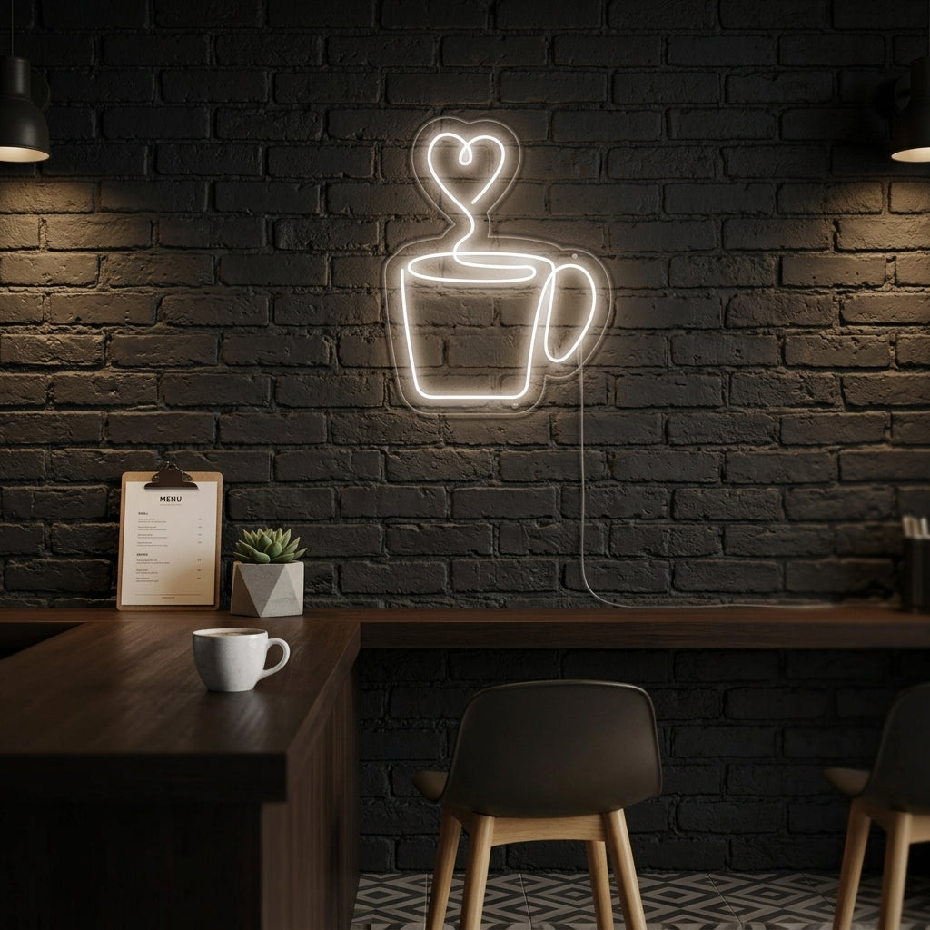 A vibrant 'Heart Coffee' neon sign glowing in bright pink above a modern wooden counter in a busy cafe setting, with blurred customers and coffee equipment in the background.