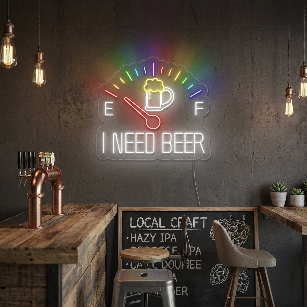 Lifestyle image of the lit 'I Need Beer' clock neon sign on a brick wall above a well-stocked bar counter.