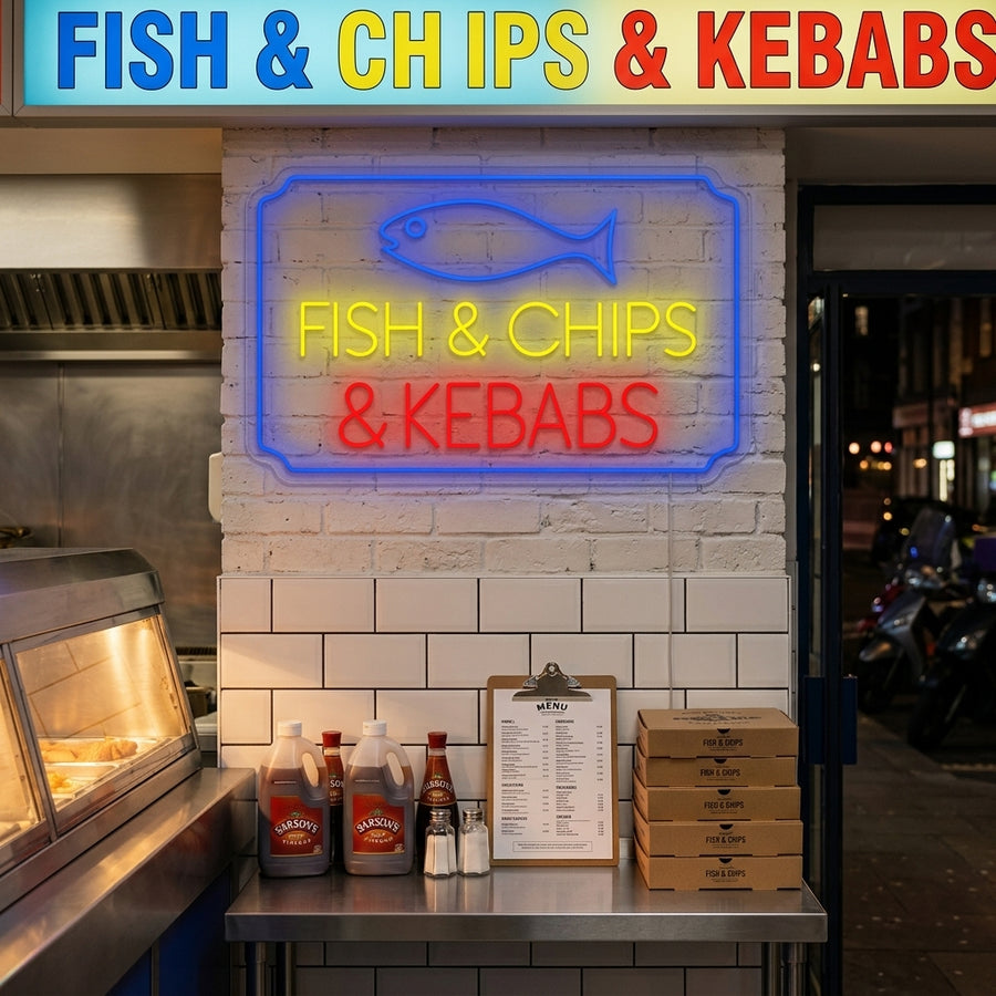A glowing 'Fish Chips Kebabs' neon sign displayed inside a bustling take-out restaurant.