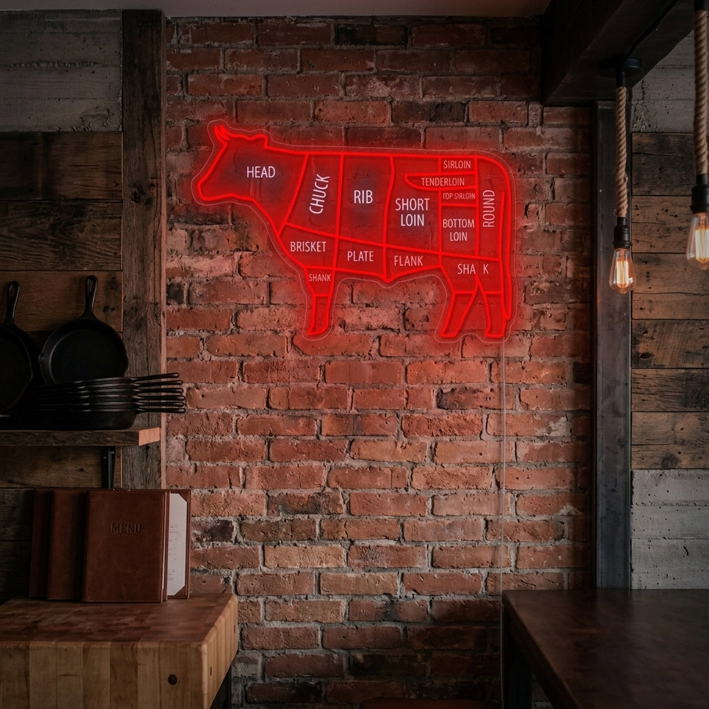 An illuminated neon sign depicting a detailed cow diagram with labels for various cuts of beef, mounted on a rustic wood wall in a cozy BBQ restaurant setting.