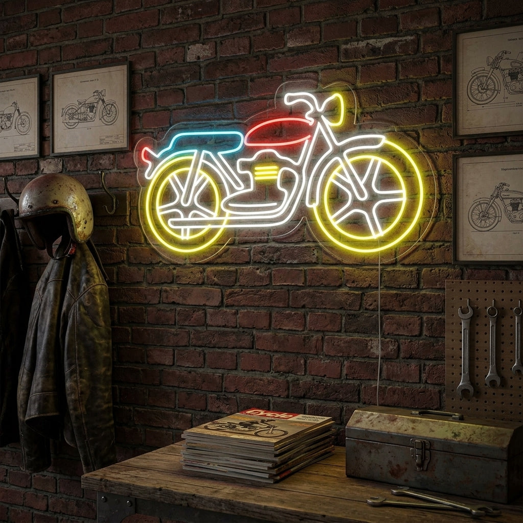 A lifestyle view of the 'Motorcycle' neon sign glowing on a textured brick wall in a workshop or garage environment.