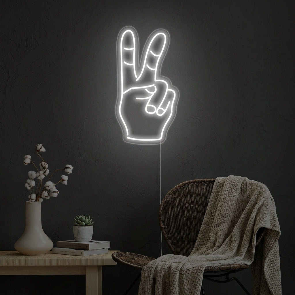 A 'Peace' neon sign glowing on a wall, showcasing the final installed look.