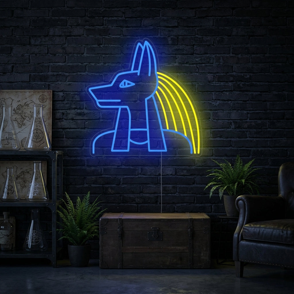 A glowing blue and gold Anubis neon sign mounted on a textured brick wall in a modern living room setting.